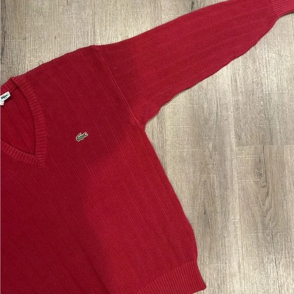 Vintage Chemise Lacoste Izod V Neck Sweater Large Burgundy Red Excellent - Picture 5 of 7